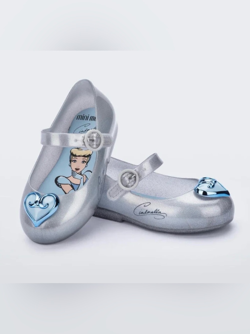 Mini Melissa Silver Cinderella Mary Jane Jelly Shoes with Blue Heart Charm